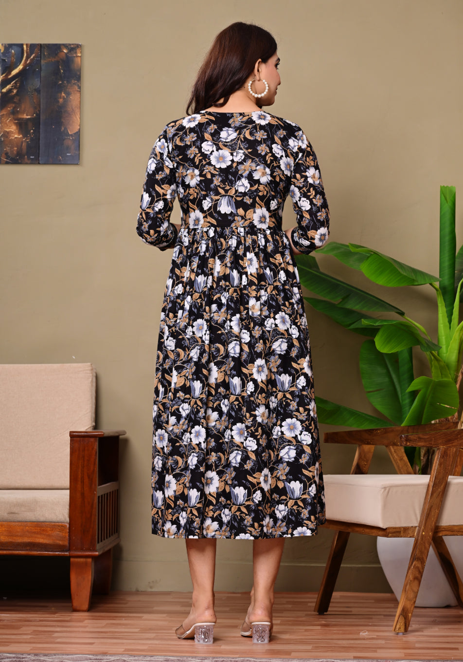 Black Printed A-Line Maternity Dress with Tie-Up Waist