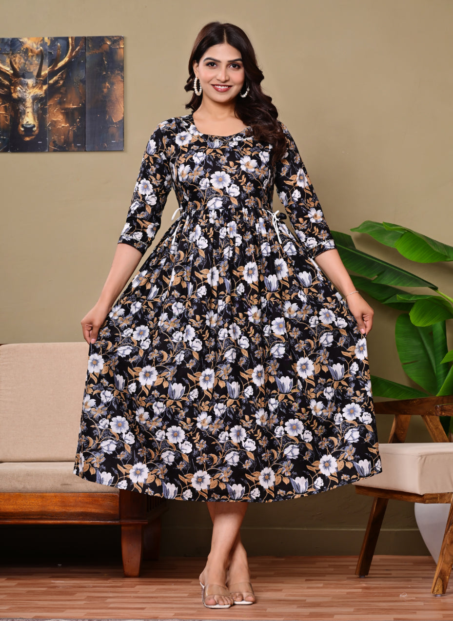 Black Printed A-Line Maternity Dress with Tie-Up Waist