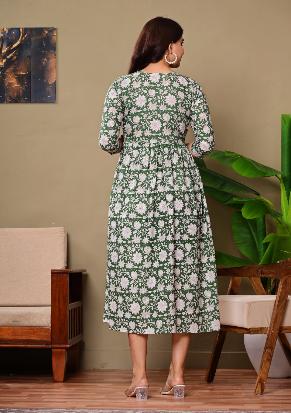 Green Floral Printed A-Line Feeding Dress with Tie-Up Waist