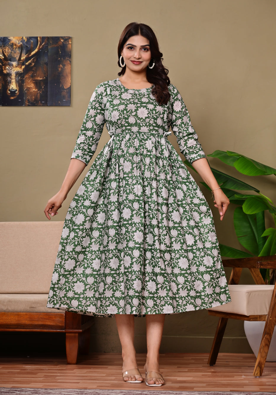 Green Floral Printed A-Line Feeding Dress with Tie-Up Waist