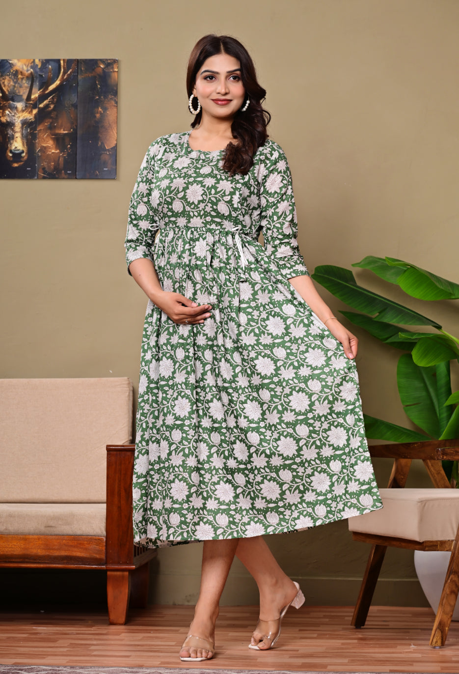 Green Floral Printed A-Line Feeding Dress with Tie-Up Waist