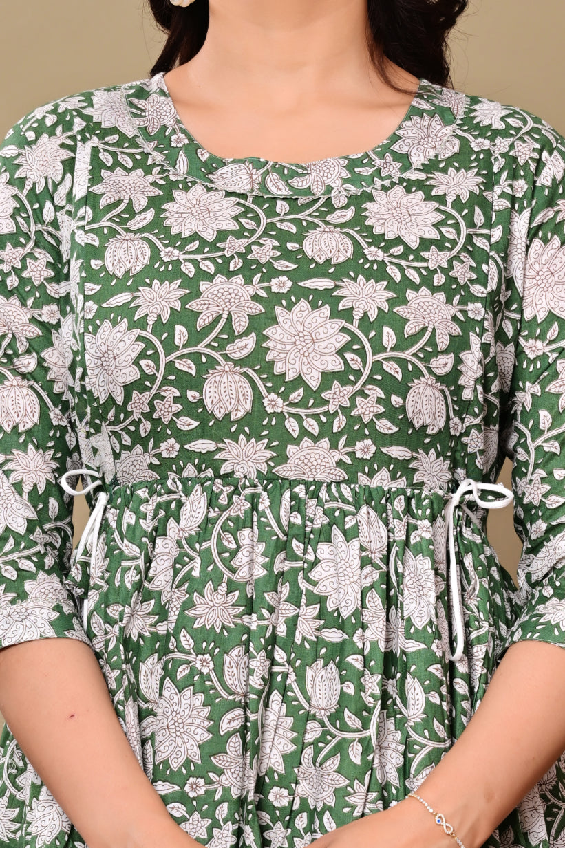 Green Floral Printed A-Line Feeding Dress with Tie-Up Waist