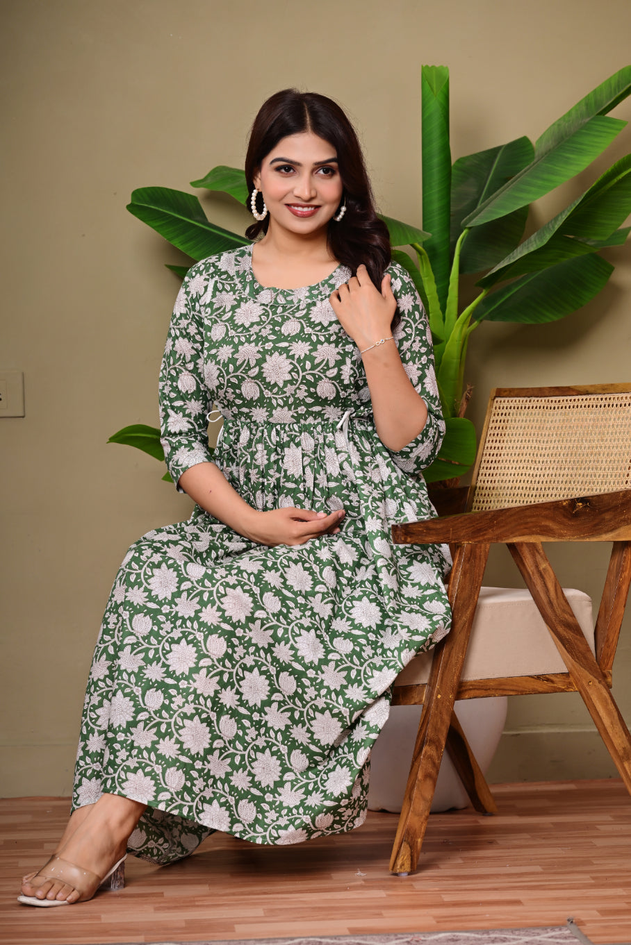 Green Floral Printed A-Line Feeding Dress with Tie-Up Waist