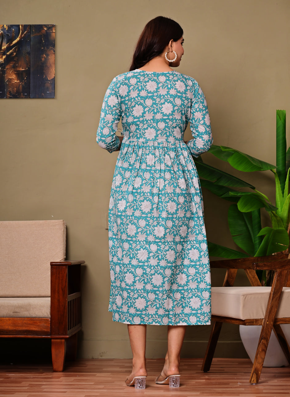 Blue Floral Printed A-Line Feeding Dress with Tie-Up Waist