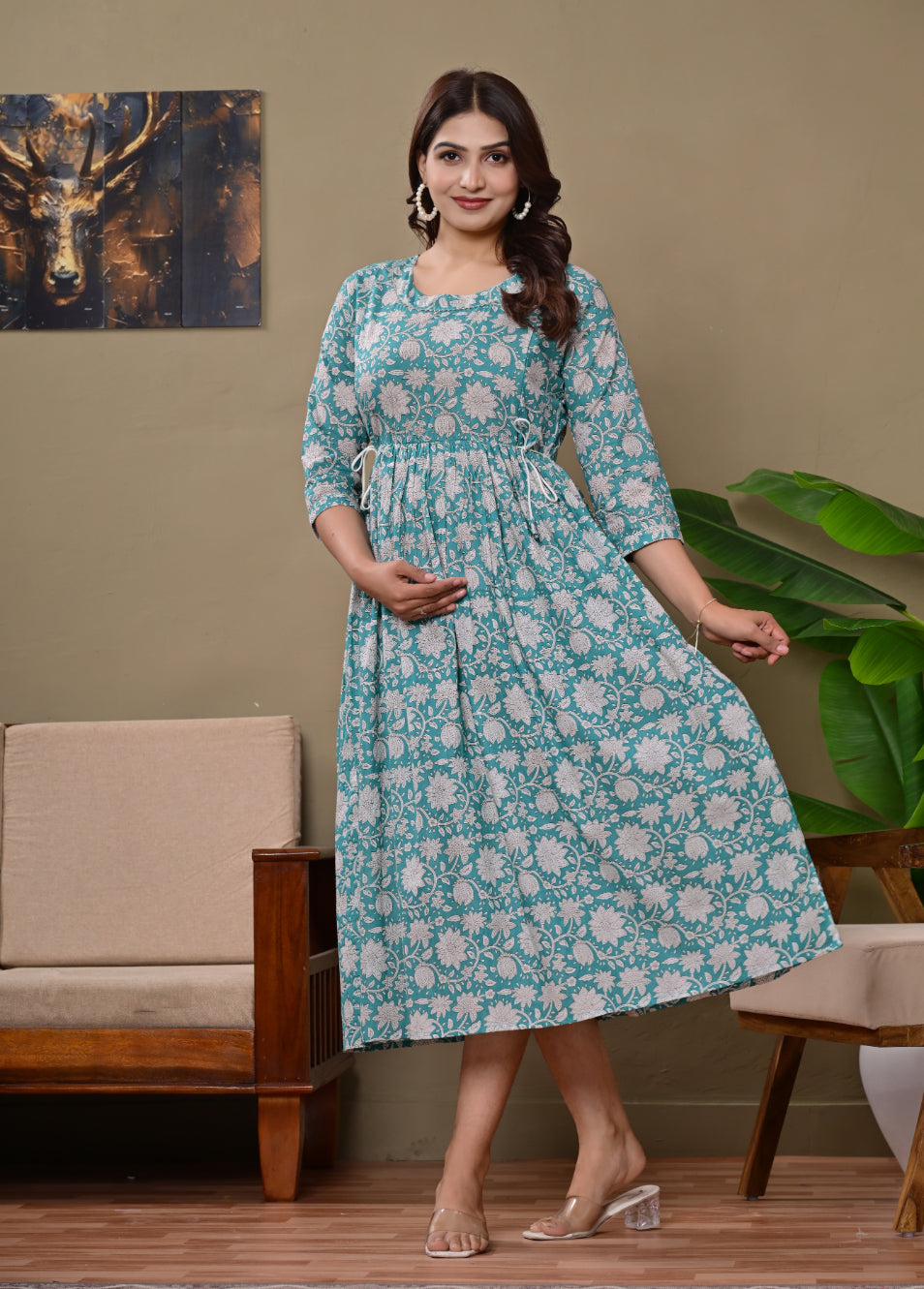 Blue Floral Printed A-Line Feeding Dress with Tie-Up Waist