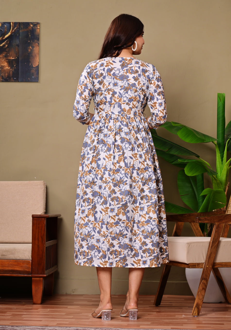 White Floral Printed A-Line Maternity Dress with Tie-Up Waist