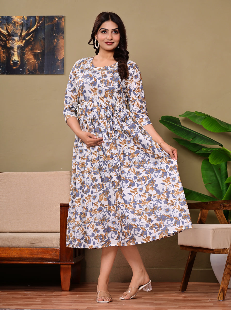 White Floral Printed A-Line Maternity Dress with Tie-Up Waist