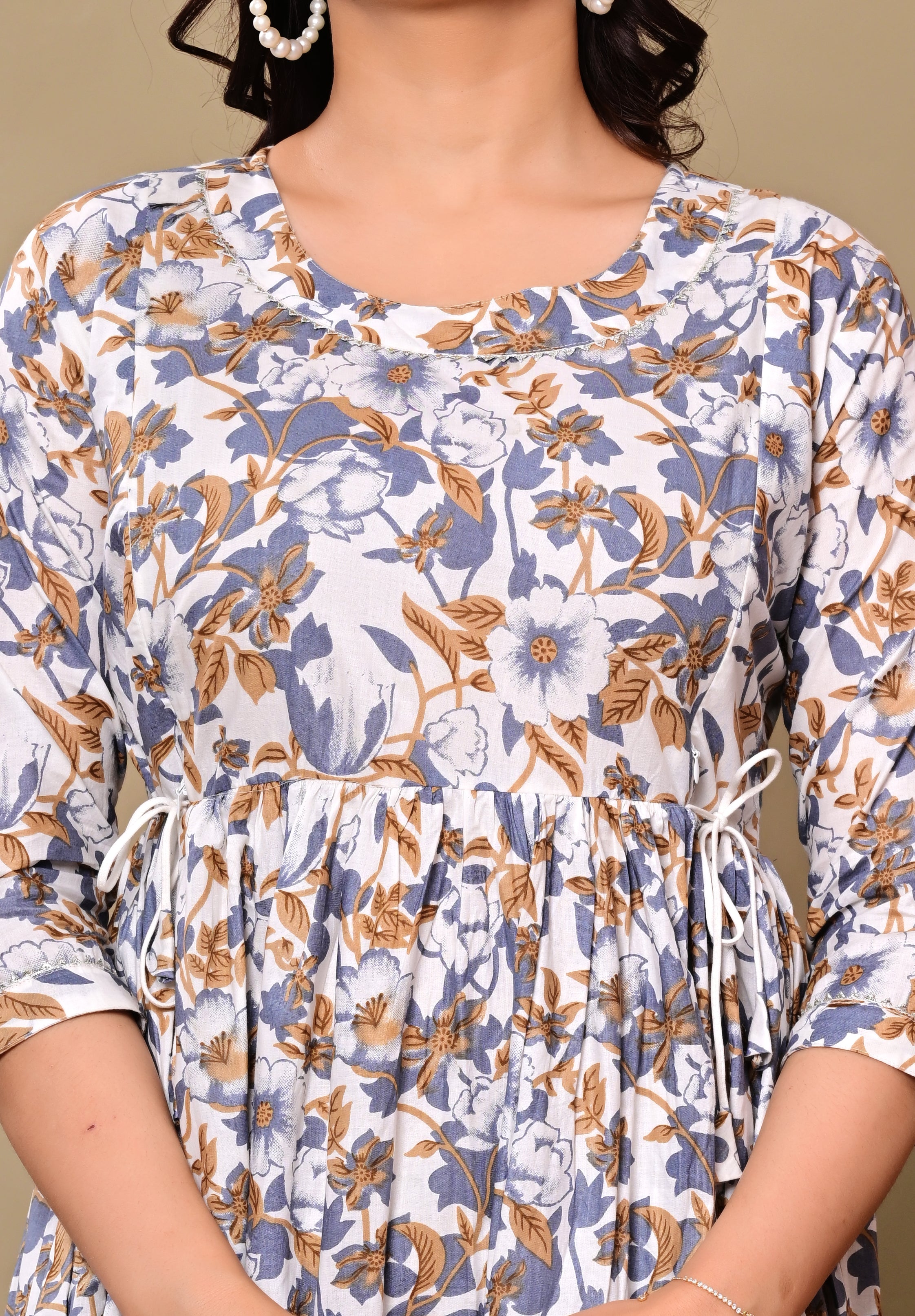 White Floral Printed A-Line Maternity Dress with Tie-Up Waist