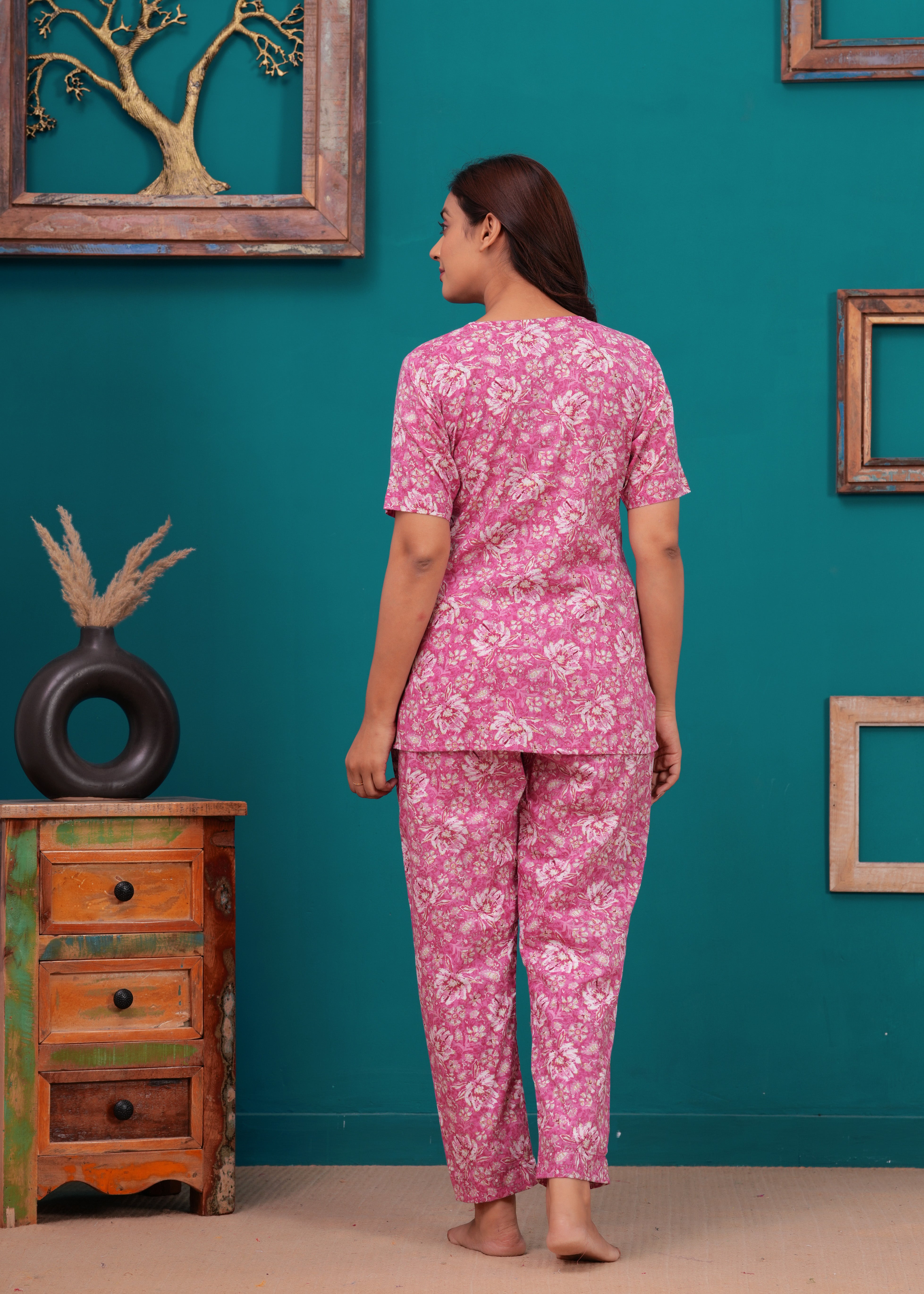 Pink Cotton Printed Co-Ord Set Kurta With Pant Set For Women