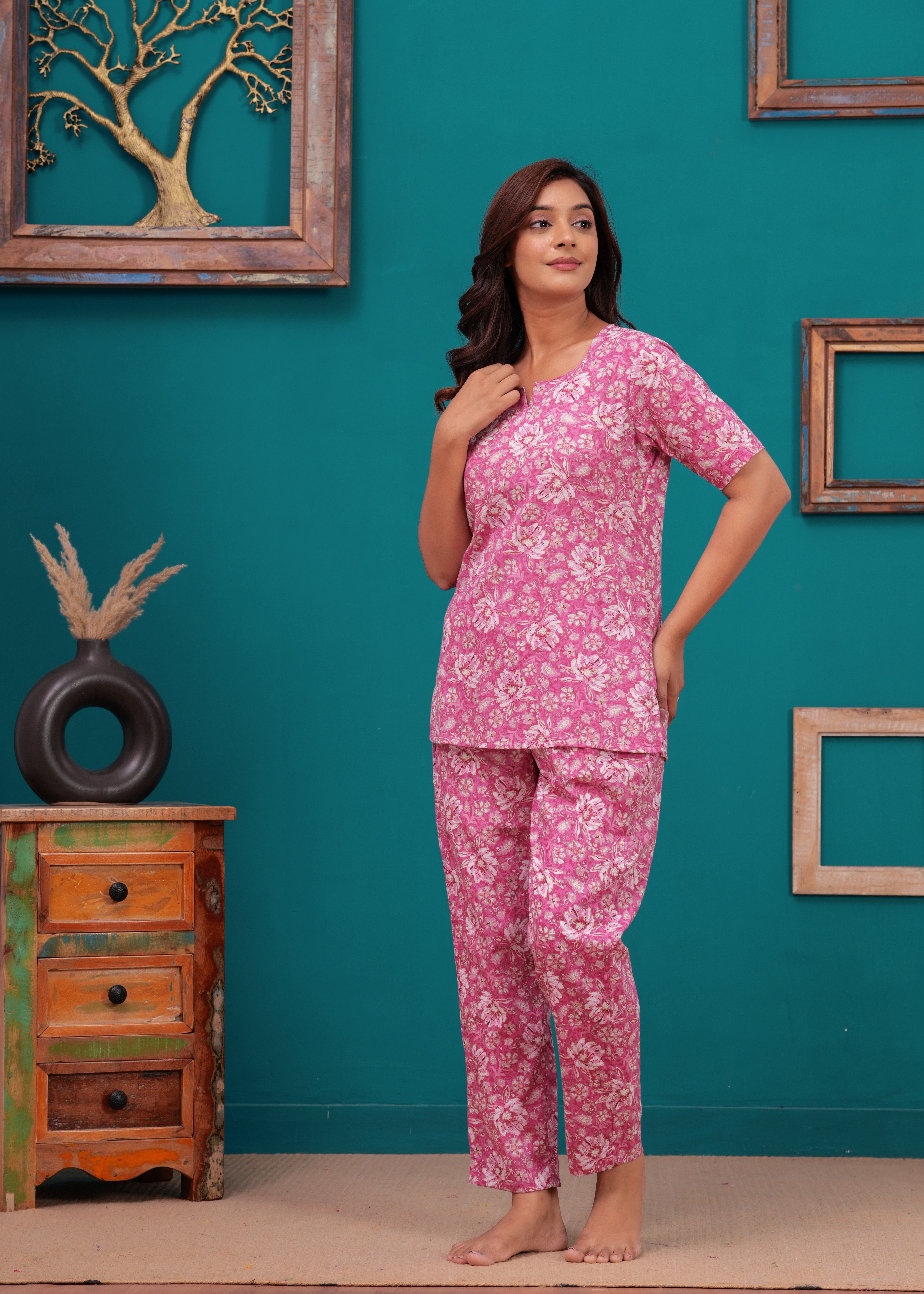 Pink Cotton Printed Co-Ord Set Kurta With Pant Set For Women