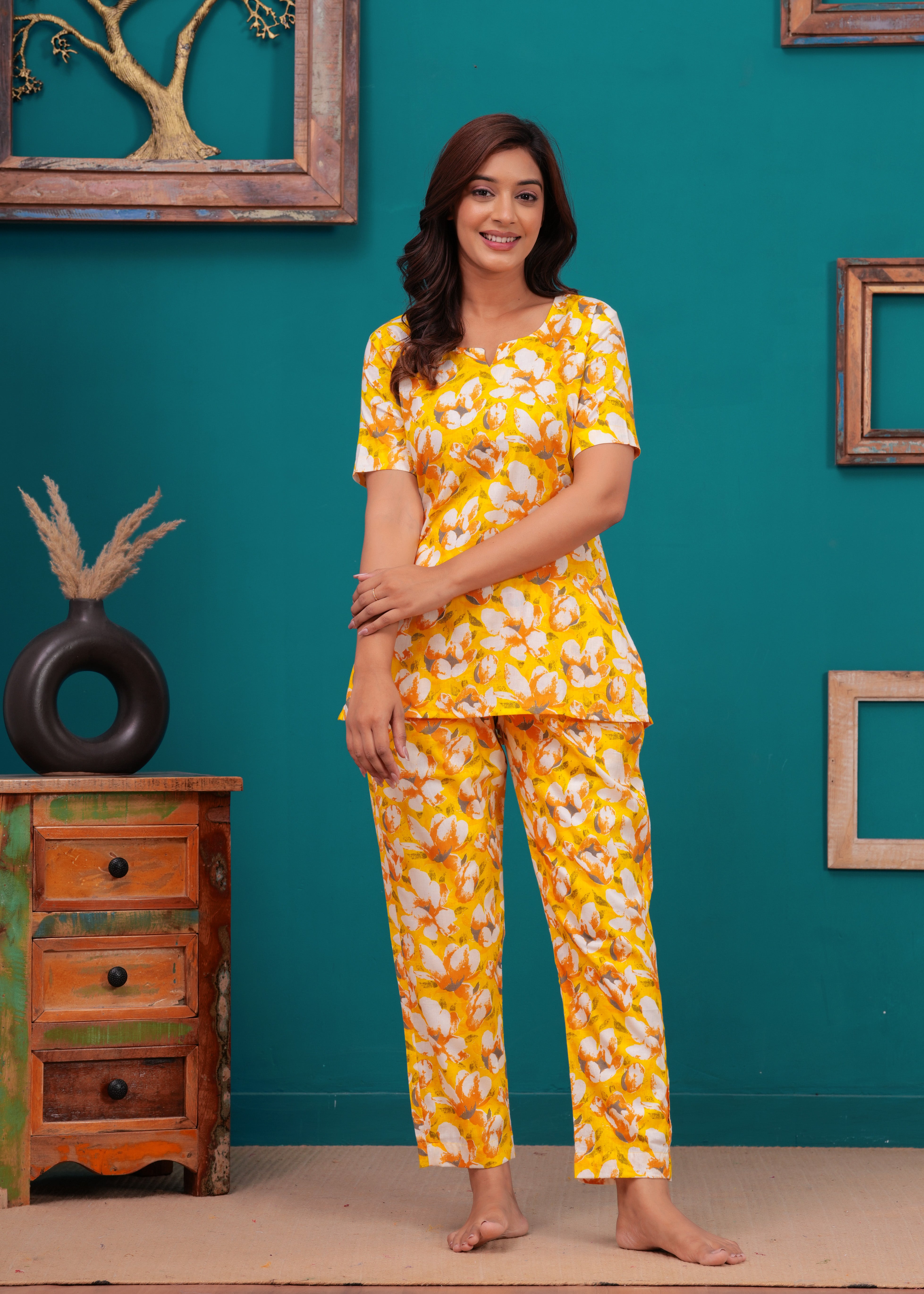 Yellow Cotton Printed Co-Ord Set Kurta With Pant Set For Women