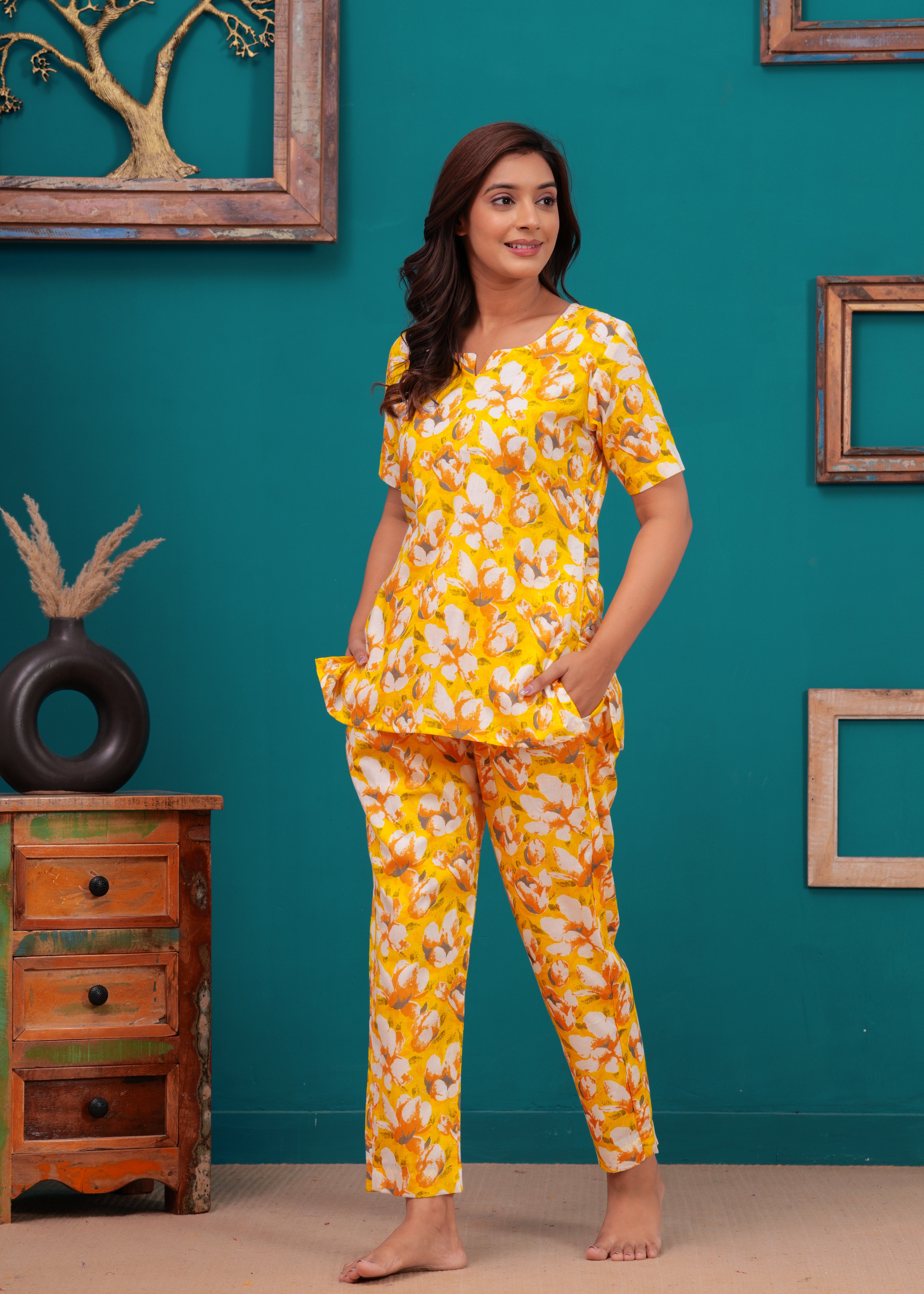 Yellow Cotton Printed Co-Ord Set Kurta With Pant Set For Women