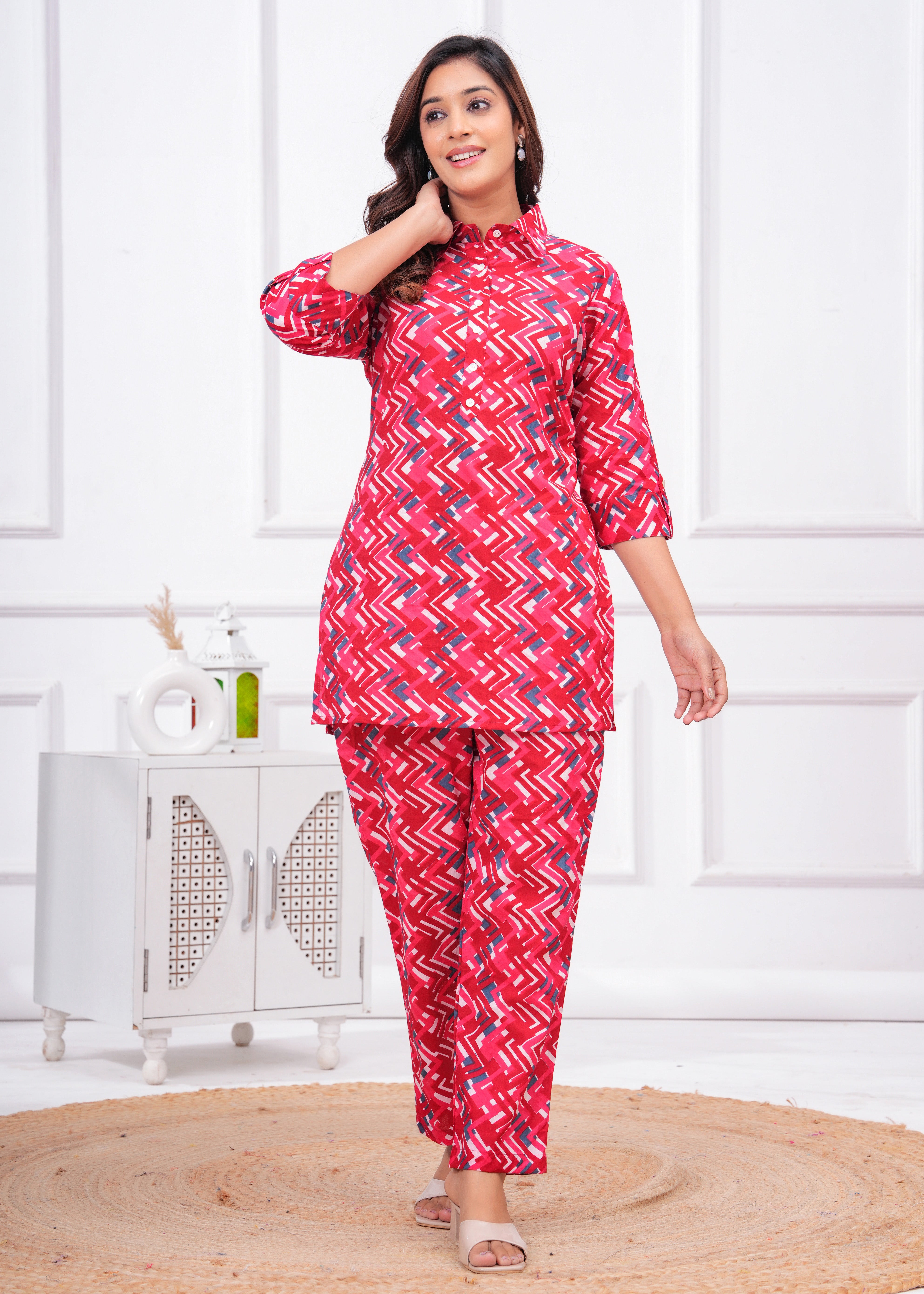 Red Collar Pure Cotton Printed Co-Ords Set