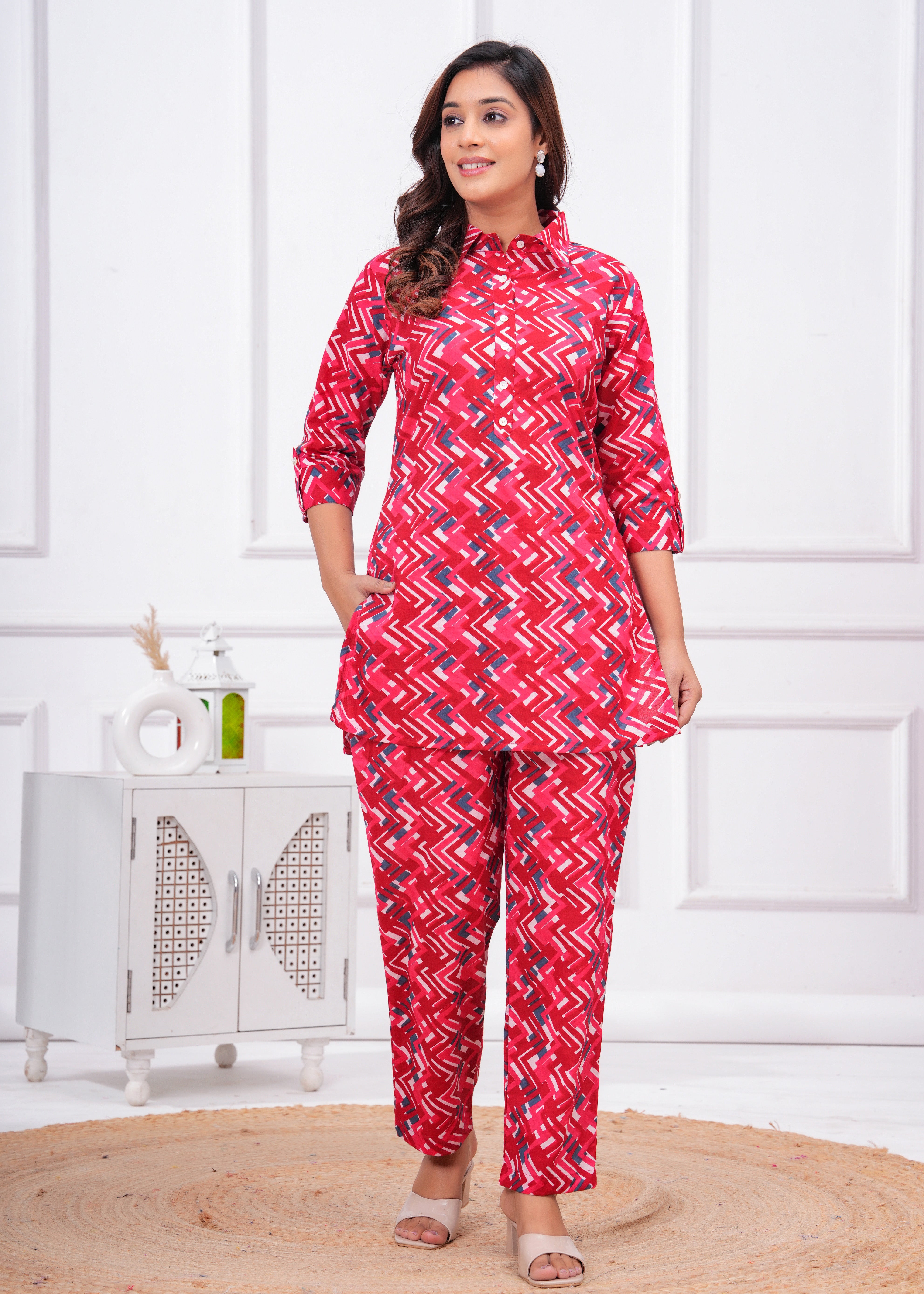 Red Collar Pure Cotton Printed Co-Ords Set