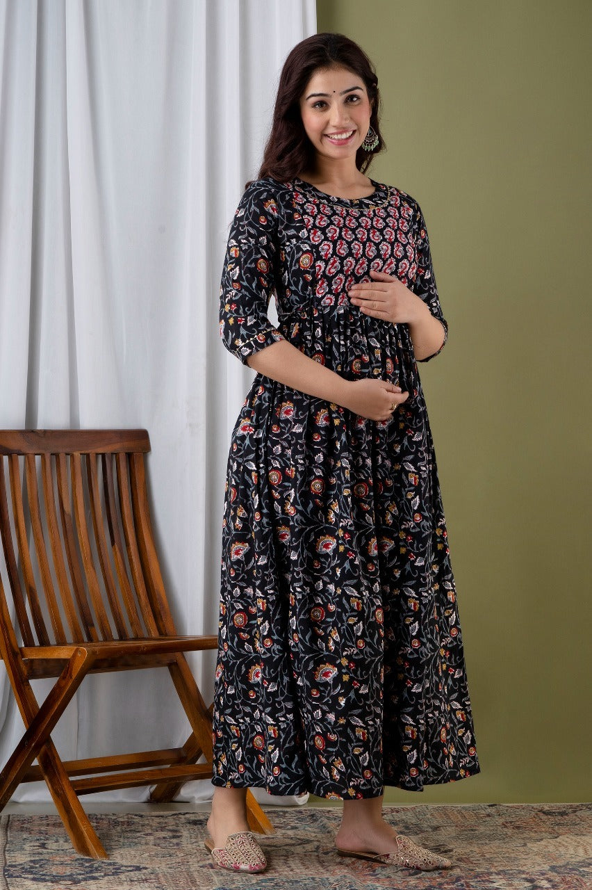 Black Floral Design Feeding Printed Cotton Kurti