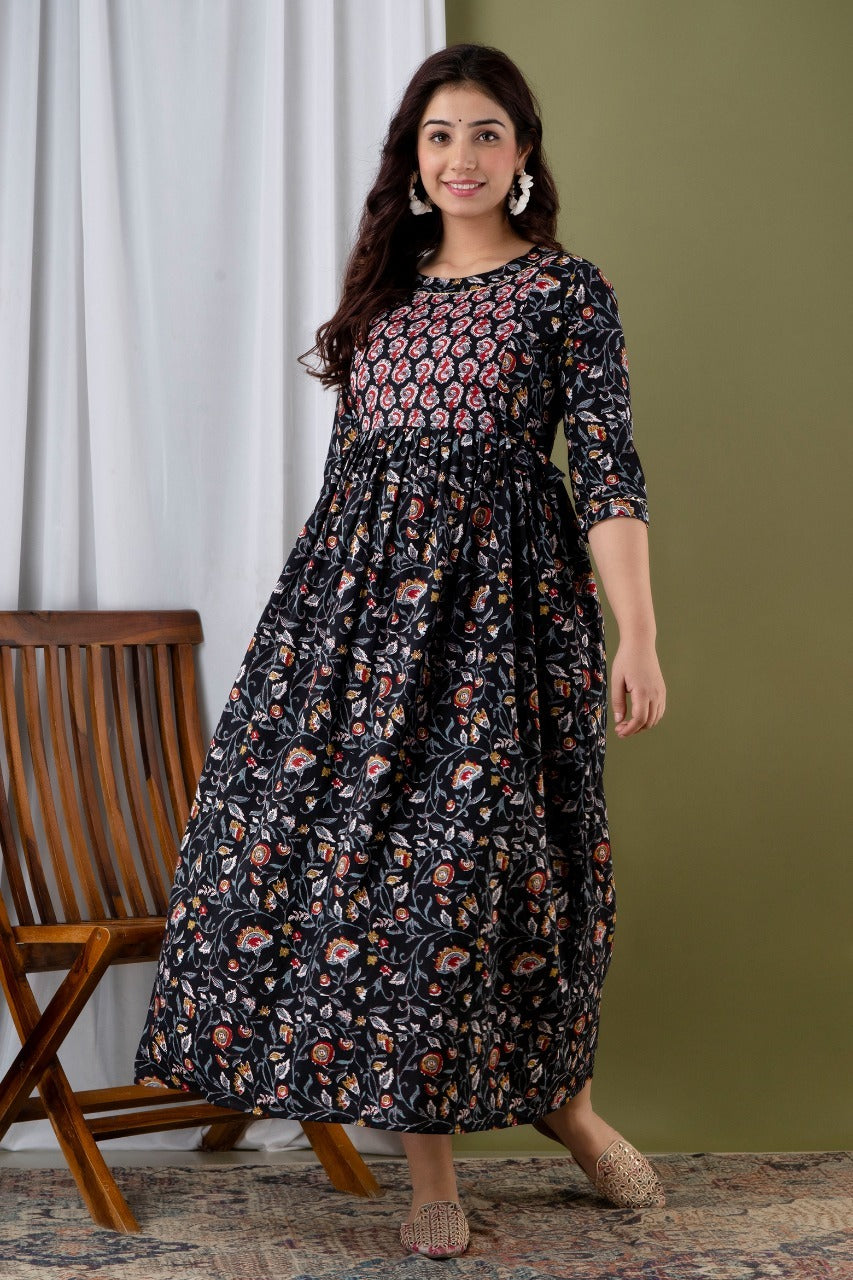 Black Floral Design Feeding Printed Cotton Kurti
